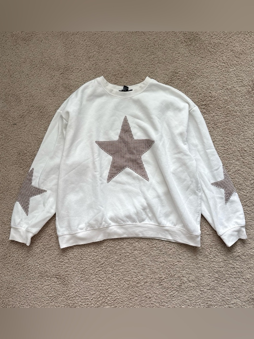 Forever 21 White Patchwork Crewneck Top with Brown Stars